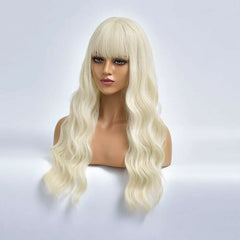 Long Wave Blonde Daily Hair Synthetic Glueless Wig With Bangs Heat Resistant
