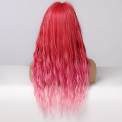 Pink Ombre Synthetic Hair Wigs Long Wavy Bangs Heat Resistant For Woamans Wigs