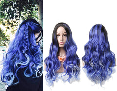 Ombre Blue Wigs for Women Long Curly Wavy Synthetic Hair Natural Middle Parting