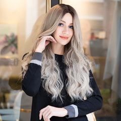 Long Beige Blonde Wig for Women Natural Synthetic Ombre Curly Hair