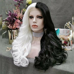 Synthetic Lace Front Wig Half White Half Black Wigs For Women Two Tone Body Wave
