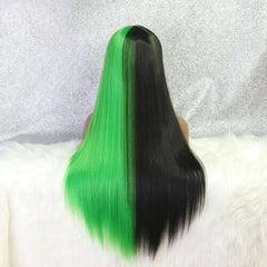 Half Green and Half Black Wig Long Straight Cosplay Halloween Party Wigs 24inch