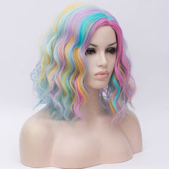 Short Bob 14'' Wavy Curly Wig Blue Ombre Wig For Women Cosplay Halloween Party