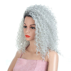 Short Kinky Curly Afro Wigs Synthetic Soft Hair Dark Roots Grey Silver Party Wig