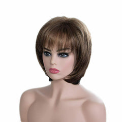 Short Hair Wigs with Bangs Dark Brown Highlight Blonde Pixie Cut Wig for Women