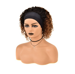 8 Inch Ombre Curly Brown Mix Black Wig Human Hair With Headband Non Lace