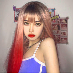 Fashion Long Straight Blonde Pink Bangs Wig Synthetic Glueless Daily Cosplay New
