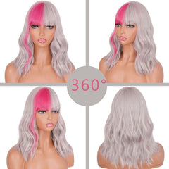 Synthetic Wig With Bangs Half Rose Purple Half Gray Wig Highlight Cosplay Party
