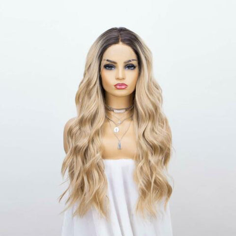4*2 Lace Front Wig Ombre Blonde Deep Side Parting Long Wavy Synthetic Wigs