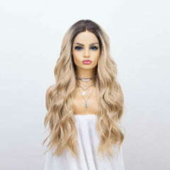 4*2 Lace Front Wig Ombre Blonde Deep Side Parting Long Wavy Synthetic Wigs