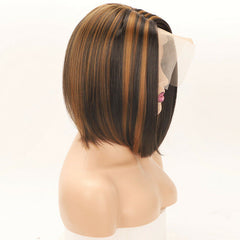 Short Bobo Synthetic Wigs Honey Blonde Ombre Brown Middle Part Wig Glueless Heat