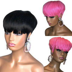 Hot Pink Pixie Cut Human Hair Wigs Full Bang 100% Brazilian Hair for Black Women