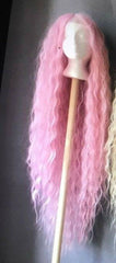 Deep Wave Long 28" Light Pink Lace Front Wigs Synthetic Curly Hair T part Lace