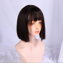 Women Short Bobo Wig Black Ombre Wigs Straight Synthetic Hair Wig with Bangs