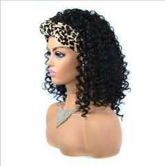 Women Deep Curly Synthetic Headband Wig Black Heat Safe with Headscarf Cospaly