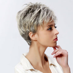 Natural Short Pixie Cut Layered Blonde Gray Wigs Synthetic For Women Daily Use
