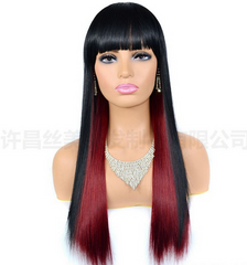 Fashion lady long straight hair with bangs wig black root red wigs