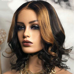 Short Loose Wave Curly End Highlight Brown Human Hair Wigs T part Lace Front Wigs