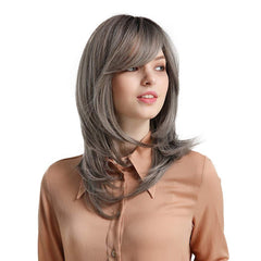 Long Ombre Grey Wavy Wig Shoulder Length Synthetic Hair Wigs With Bangs