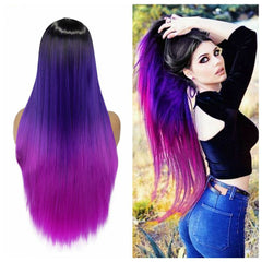 Women Long Straight Synthetic Wig Ombre Purple Hair Heat Safe Cosplay Party Wigs