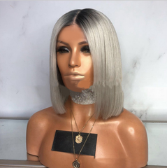 Women Ombre Grey Synthetic Hair Bob Natural Short Straight Full Wigs
