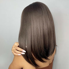 Shoulder Length Dark Brown Wigs Straight Synthetic Hair Wig With Bangs Daily