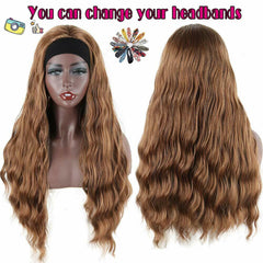 Brown Long Wavy Headband Wigs Synthetic Glueless Natural Body Wave Easy to Wear