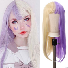 Long Synthetic Half Black Pink Straight Wig With Bang Cosplay Party Full Wigs
