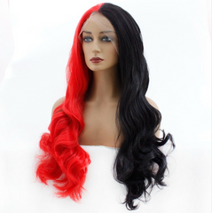 Body Wave Long Lace Front Wig Synthentic Half Black and Half Red Machine Made