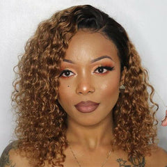 Short Curly Wig Kinky Curly Wig Synthetic Lace Front Wig Ombre Brown Curly Hair