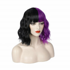 Half Black and Half Purple Wig 2-Tone Dyed with Bangs Short Curly Wavy Bob Wig