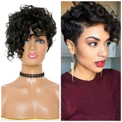 Short Black Curly Synthetic Wig With Bangs Pixie cut for Women Party and Costume