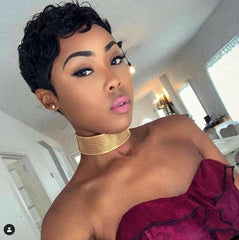 Real Peruvian Human Hair Pre-Plucked Short Pixie Cut Afro Wavy Curly Wig No-Lace