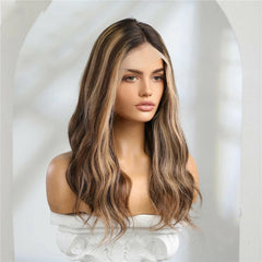 Beach Wave Human Hair Wig 13×5×1 Long Brown Highlight Lace Front Wigs for Women