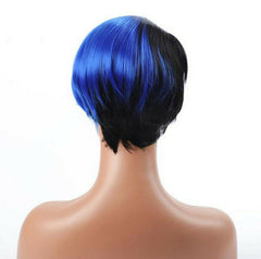 Short Straight Synthentic Wig Black Root With Blue Mix Wig Side Part Heat Resist
