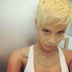 Women Short Pixie Wigs Blonde Remy Human Hair Wigs Pixie Cut Wig None Lace