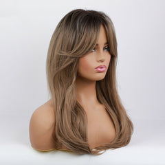 Natural Black Ombre Brown Wave Synthetic Hair Wavy Wig With Long Bangs for Women