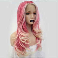 Long Ombre Pink Blonde Lace Front Wigs Body Fancy Wave Synthetic Glueless Wigs