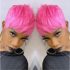 Fashion Short Pixie Cut Wigs Hot Pink Short Human Hair Wigs Party Wigs None Lace
