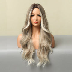 Long Silky Body Wavy Wig Ombre Blonde Wigs Middle Part Synthetic Hair Glueless