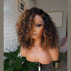 Short 4X4 Lace Front Human Hair Wigs Deep Wave Black Brown Ombre Wig Pre plucked