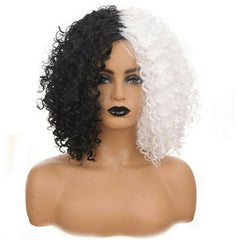 Short Afro Curly Wave Wig Middle Part Hale Black and Half White Heat Resistant