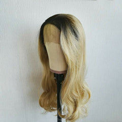 Long Body Wave Lace Front Wigs Black Roots Ombre Blonde Synthetic Hair Wig Heat