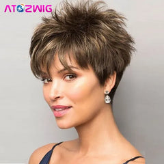Short Pixie Cut Hair Synthetic Wigs With Bangs Natural Straight Highlight Brown Blonde Wigs For Women Ladies
