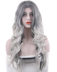 Silver Grey Costume Wigs for Women Halloween Curly Long Wavy Fashion Cosplay Ombre Black Mix Gray Hair Wigs with Wig Cap