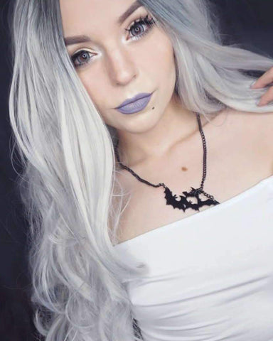 Silver Grey Costume Wigs for Women Halloween Curly Long Wavy Fashion Cosplay Ombre Black Mix Gray Hair Wigs with Wig Cap