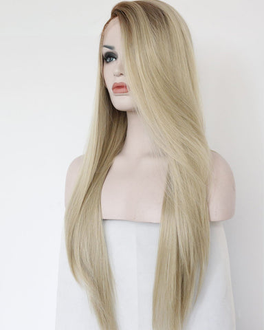 Ombre Blonde Light Brown Roots Long Natural Straight Heat Resistant Synthetic Wig 22inch