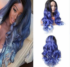 Ombre Blue Wigs for Women Long Curly Wavy Synthetic Hair Natural Middle Parting