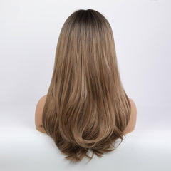 Natural Black Ombre Brown Wave Synthetic Hair Wavy Wig With Long Bangs for Women