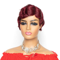 Retro Pixie Cut Finger Wave Wig Human Hair Wig Wine Red for Elegant Women Party
